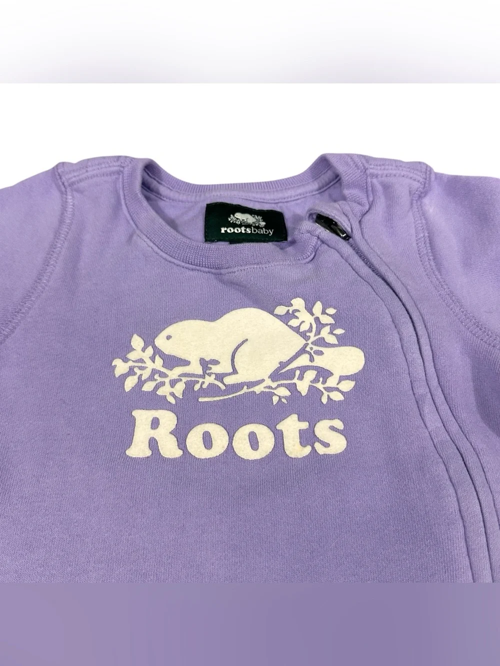 Roots Baby Romper 6-12M Lavender Purple Beaver Logo Organic Cotton Fleece